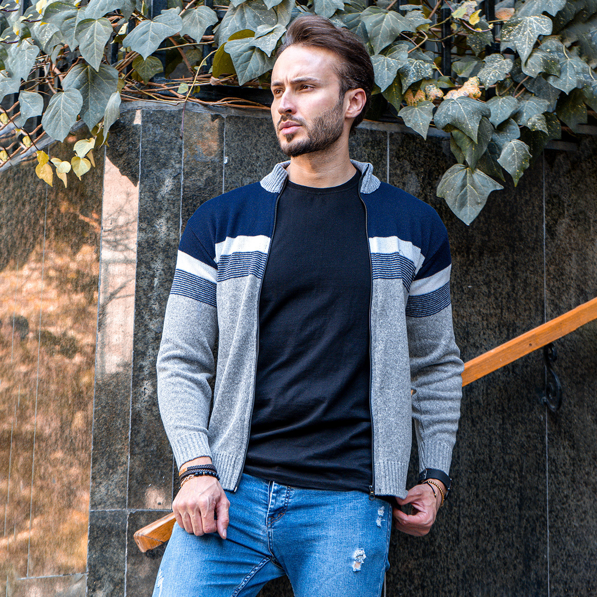 بافت مردانه زیپ دار دورنگ آبی طوسی مدل shadima