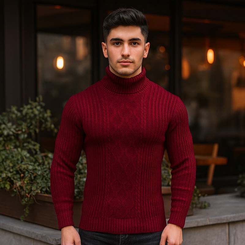 پلیوربافت مردانه یقه اسکی مدل Hakan-زرشکی